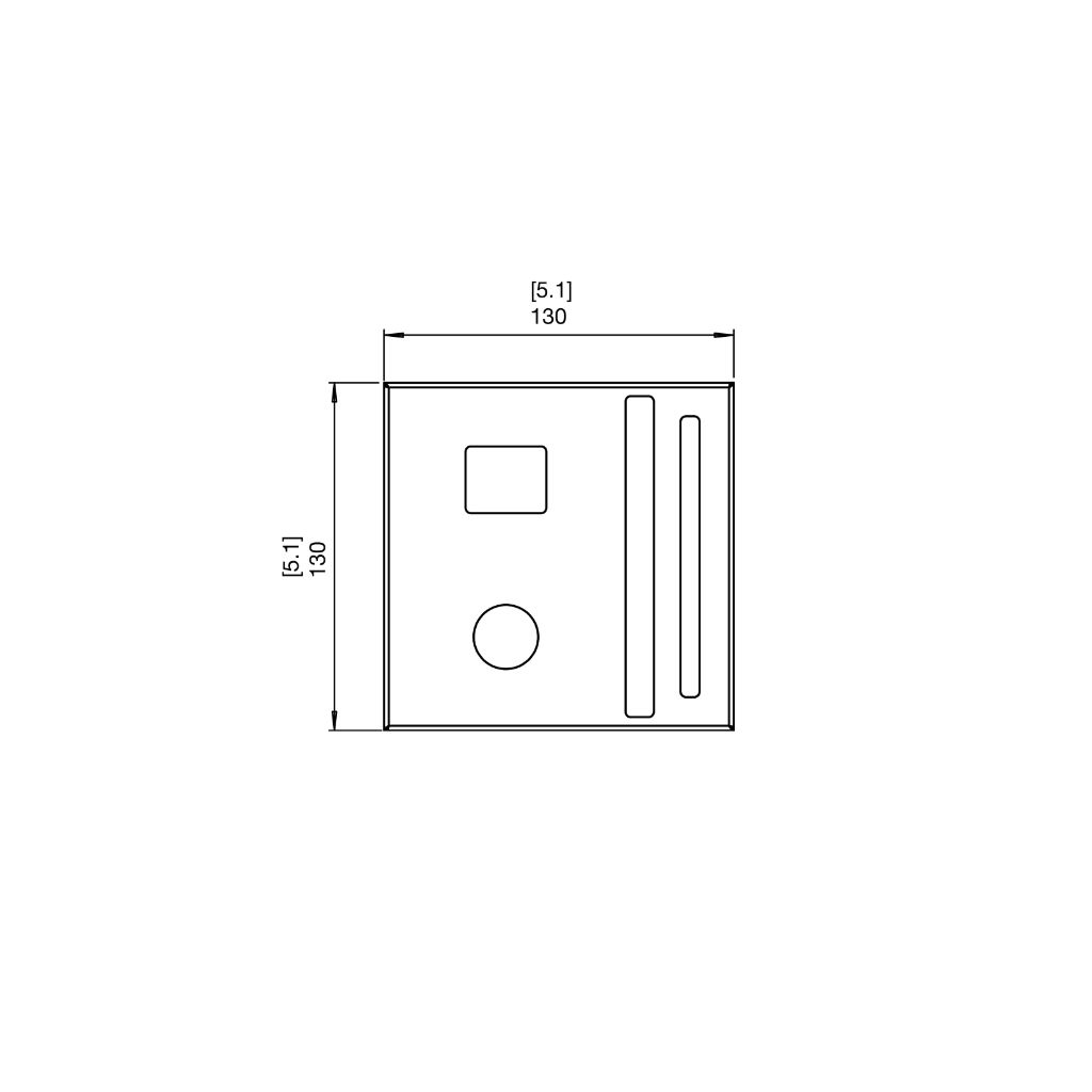 Technical line drawing of an EcoSmart Fire Accessory Holder measuring 130mm by 130mm with square and circular cut-outs.