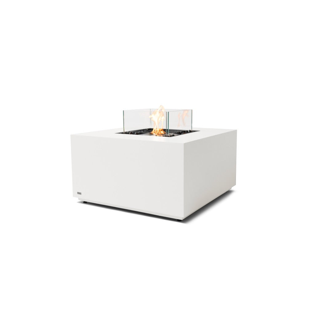 EcoSmart Fire Chaser 38 bioethanol fire pit table in white with a square base and central glass flame screen.