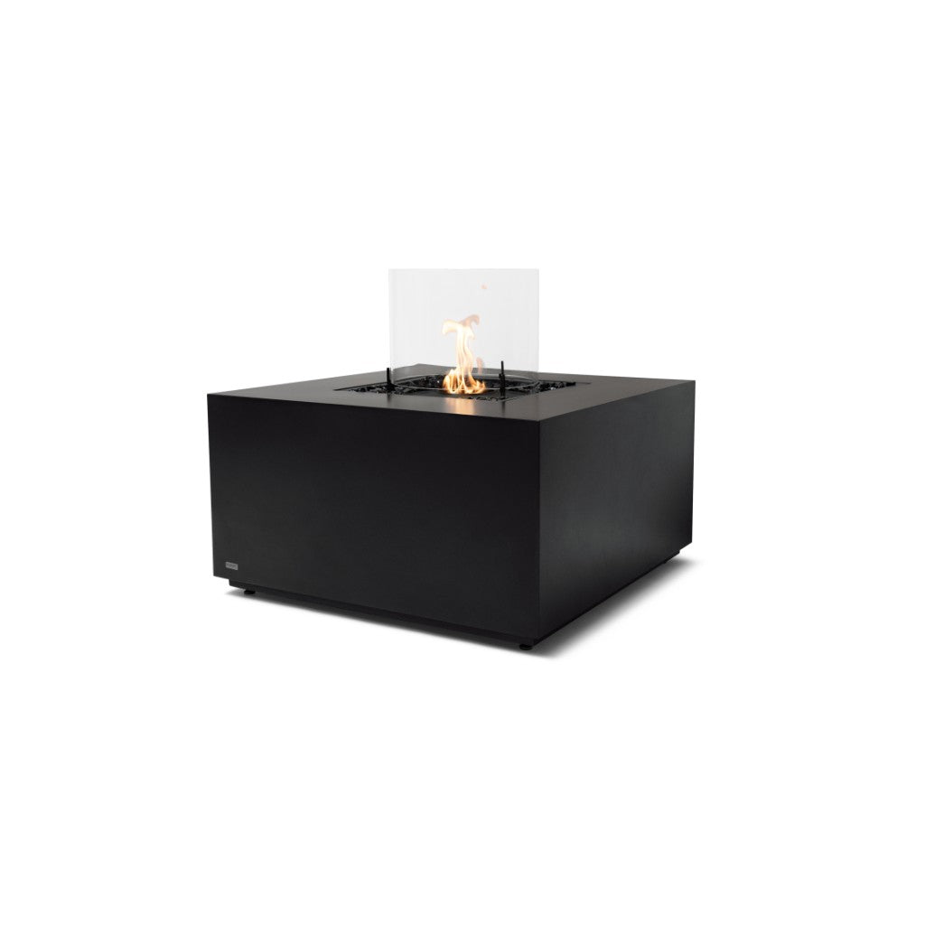 EcoSmart Fire Chaser 38 bioethanol fire pit table in matte black with a square frame and central glass flame guard.