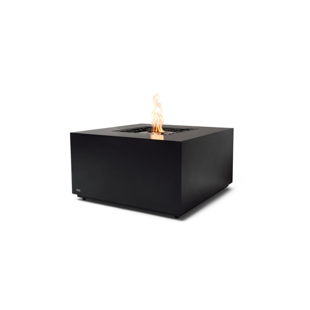 EcoSmart Fire Chaser 38 bioethanol fire pit table in matte black with a square design and central flame.