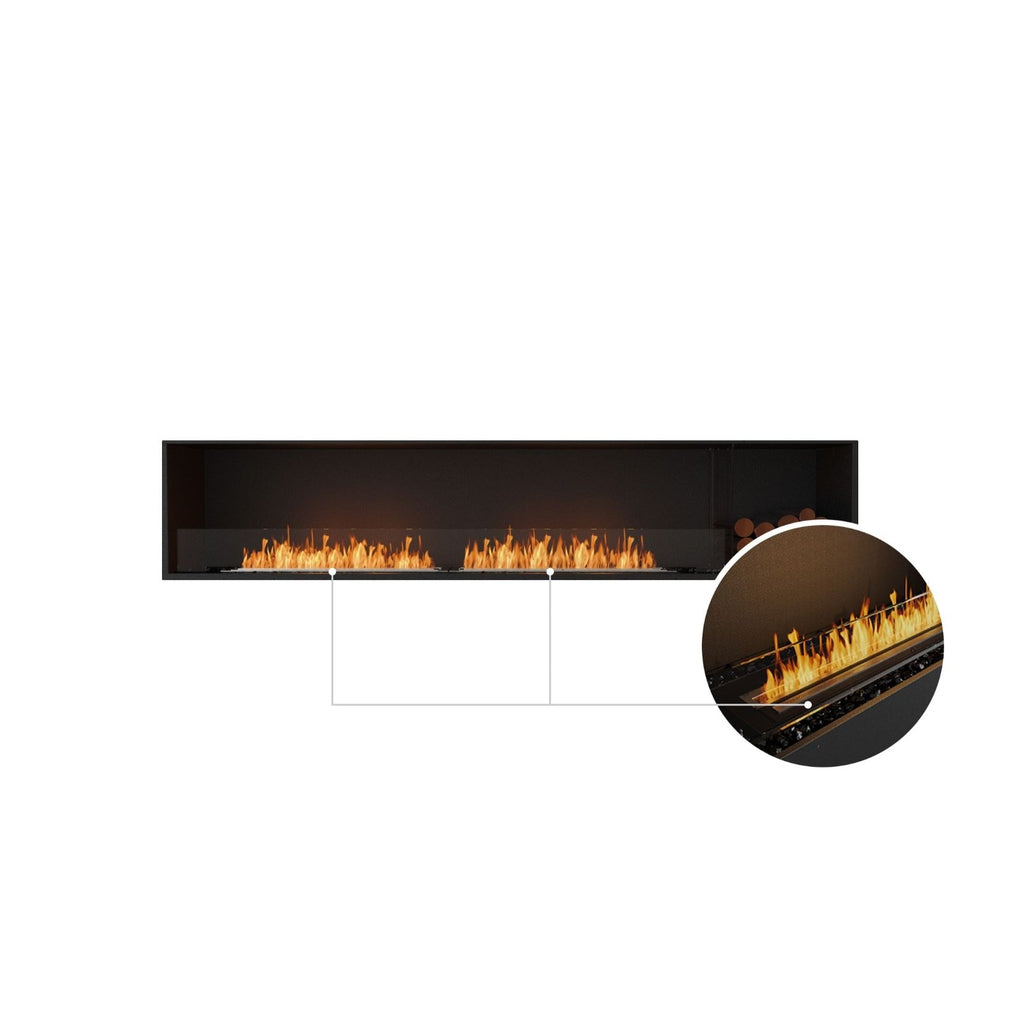 EcoSmart Fire Flex 104 bioethanol fireplace with a black finish, linear flames, and a zoomed-in detail view.