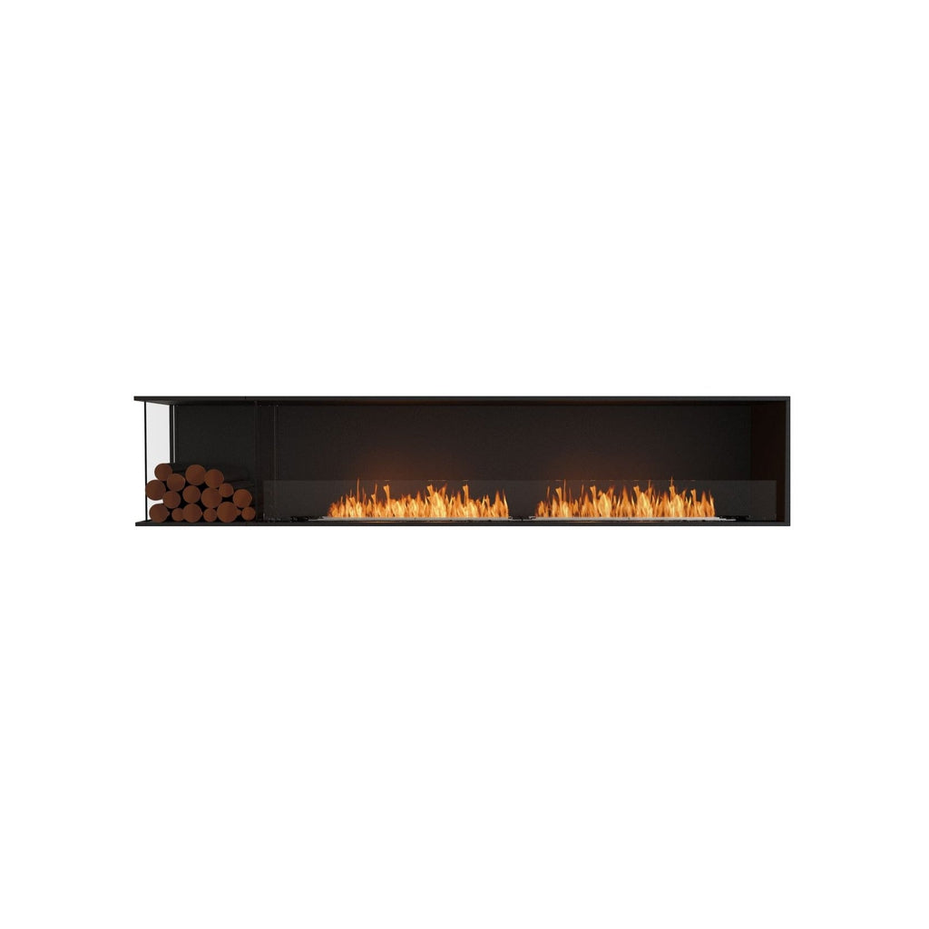 EcoSmart Fire Flex 104 bioethanol fireplace with a black frame, glass screen, and decorative logs on the left.