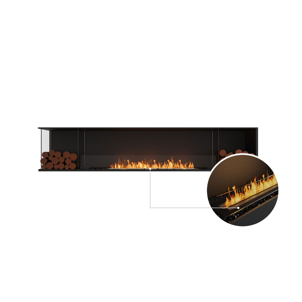 EcoSmart Fire Flex 104 black linear fireplace with side logs and a zoomed-in view of the bioethanol burner flame.