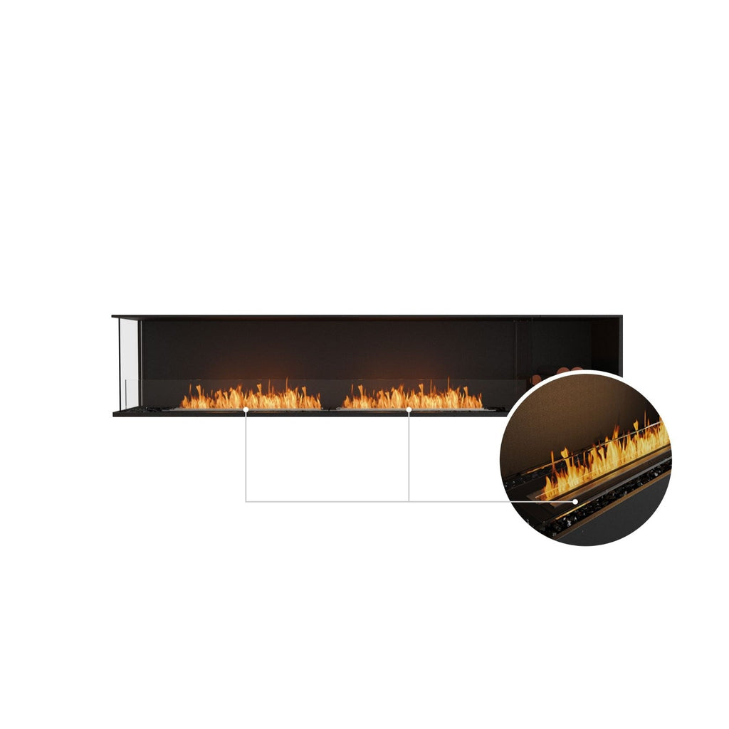 EcoSmart Fire Flex 104 black linear bioethanol fireplace with a glass front and a zoomed-in detail of the flame.