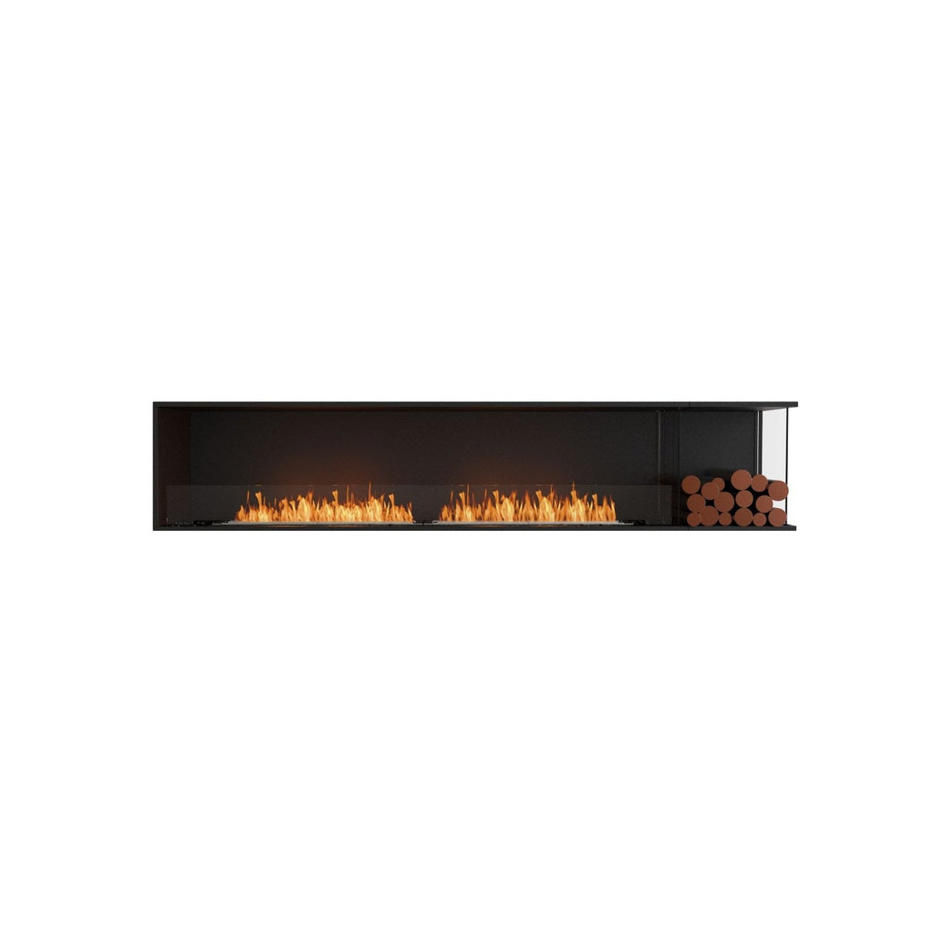 EcoSmart Fire Flex 104 black linear bioethanol fireplace with a long flame and decorative logs on the right.