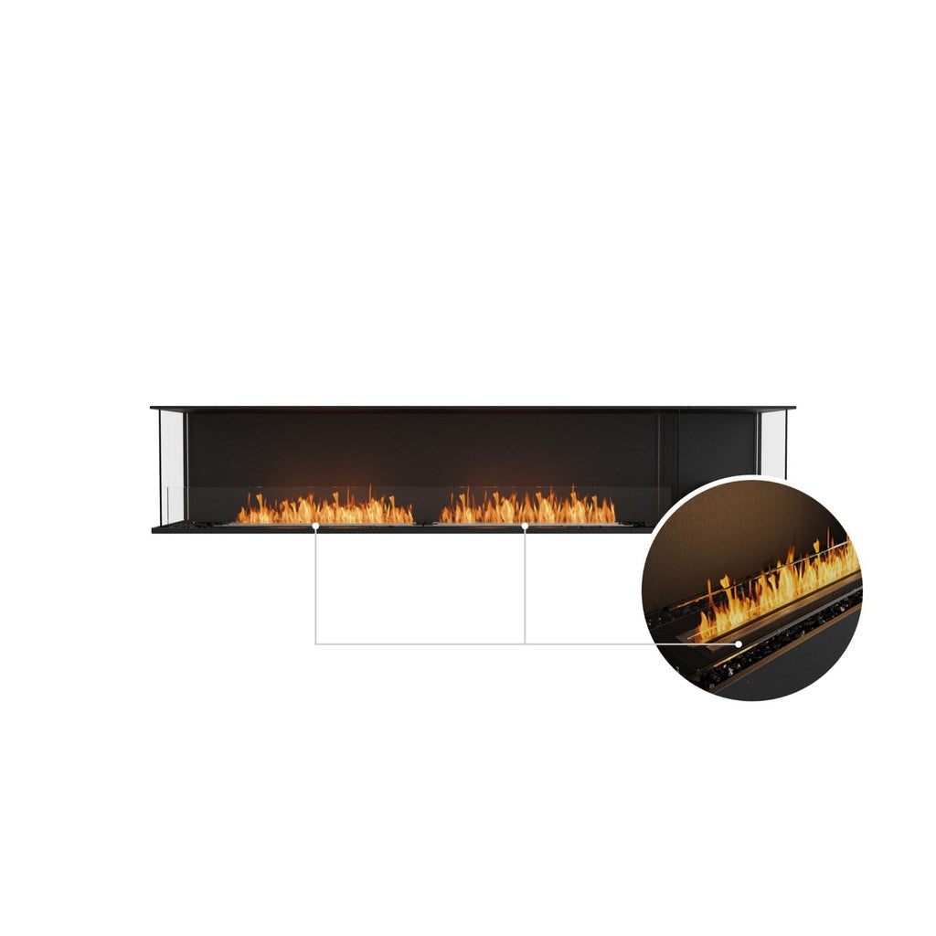 EcoSmart Fire Flex 104 bioethanol fireplace with a black frame, glass screen, and a close-up of the burner flame.