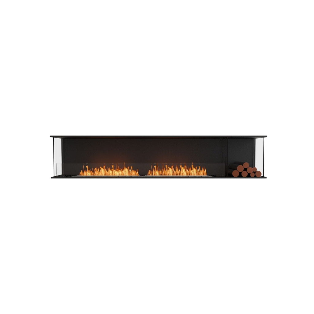 EcoSmart Fire Flex 104 bioethanol fireplace with a black frame, glass sides, orange flames, and decorative logs.