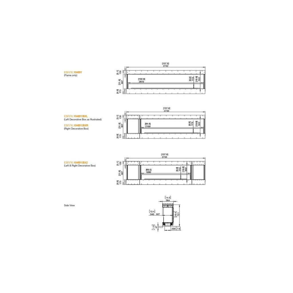 Technical line drawings showing dimensions for the EcoSmart Fire Flex 104 bioethanol fireplace insert configurations.