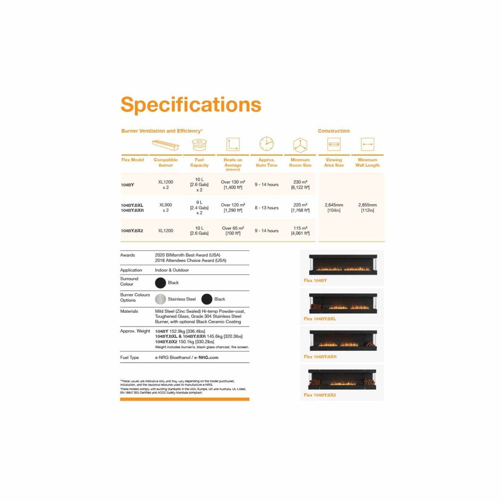 EcoSmart Fire Flex 104 specification table showing burner data and four black bioethanol fireplace insert models.