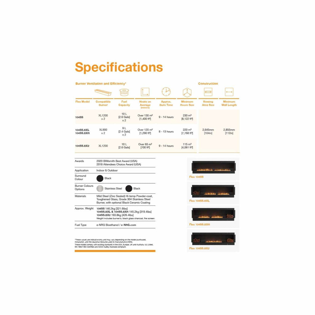 EcoSmart Fire Flex 104 specifications table with technical data and images of four black bioethanol fireplace models.