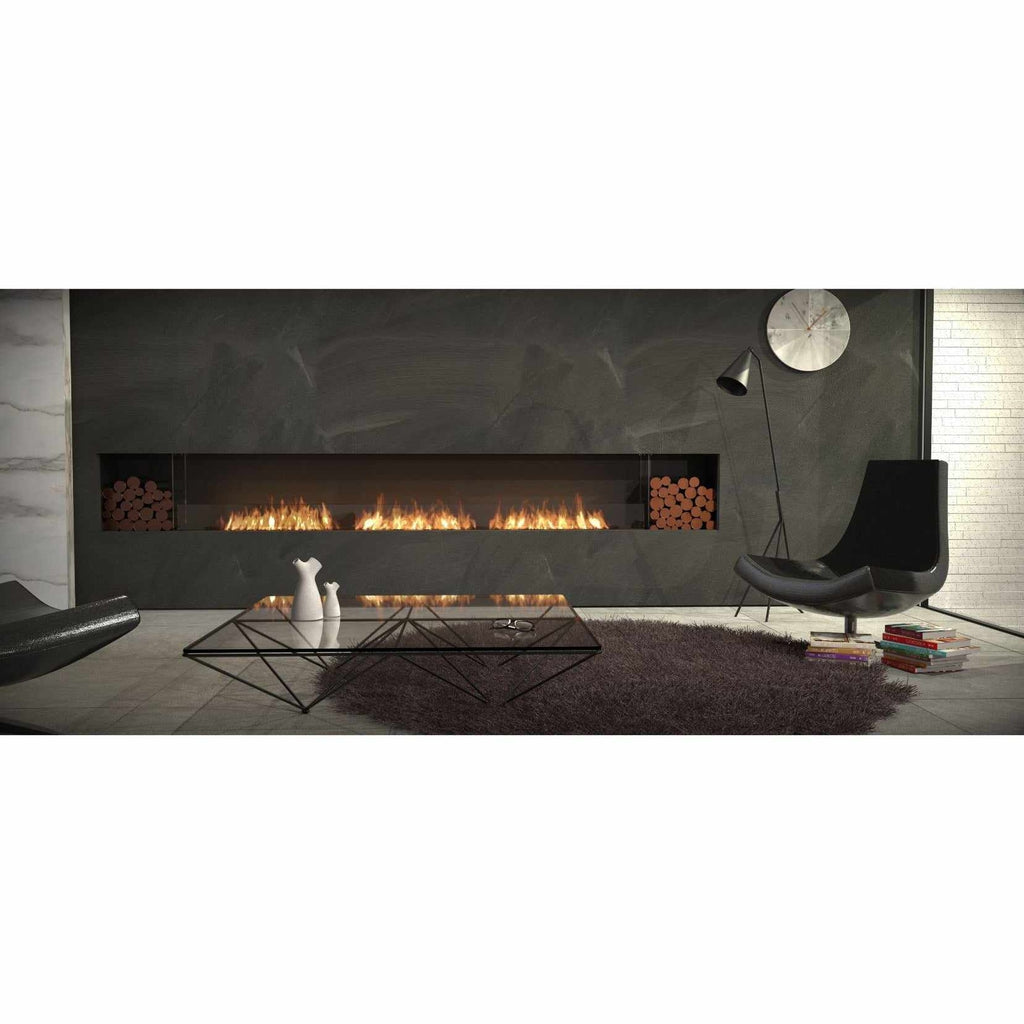 EcoSmart Fire Flex 104 bioethanol fireplace insert with a long flame in a modern black wall setting.