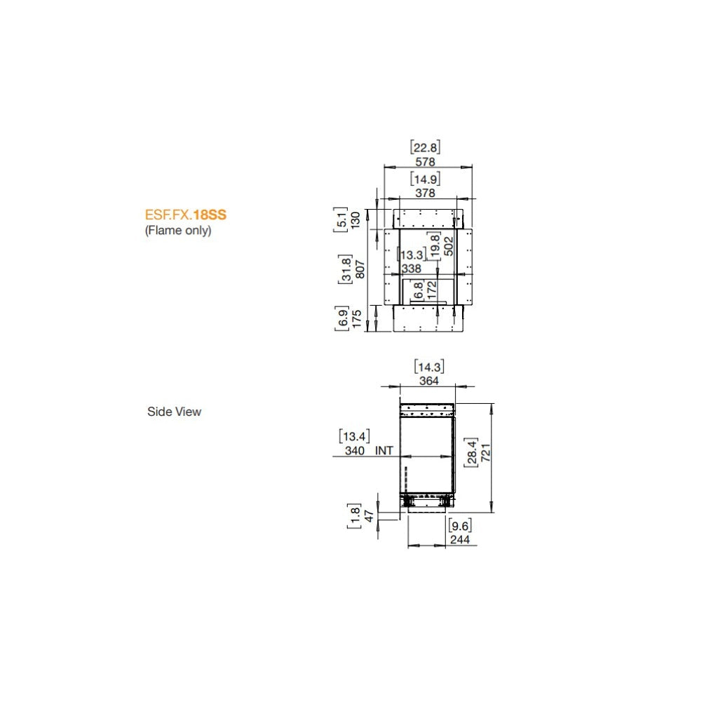 Technical line drawing showing top and side dimensions for the EcoSmart Fire Flex 18 Bioethanol Fireplace Insert.