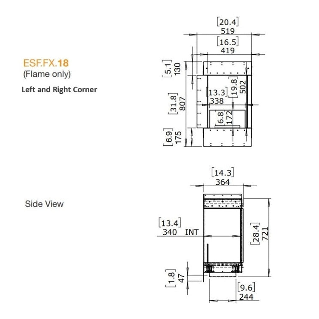 Technical line drawing of the EcoSmart Fire Flex 18 showing dimensions for left, right, and side views.
