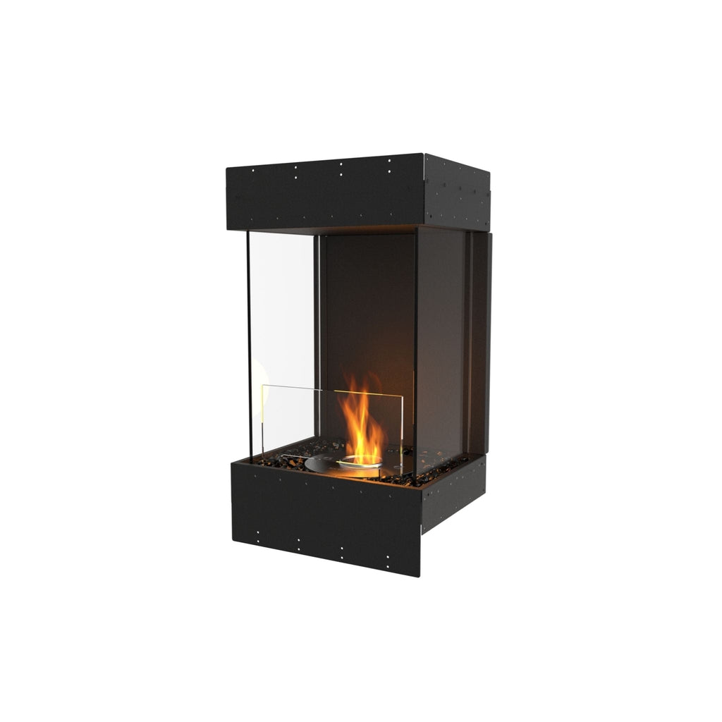 EcoSmart Fire Flex 18 bioethanol fireplace with a black metal frame, glass side panels, and a central flame.