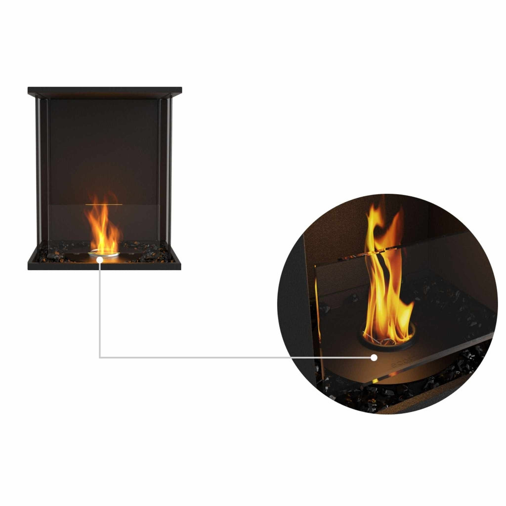 EcoSmart Fire Flex 18 bioethanol fireplace insert with a black frame, glass screen, and a close-up of the burner flame.