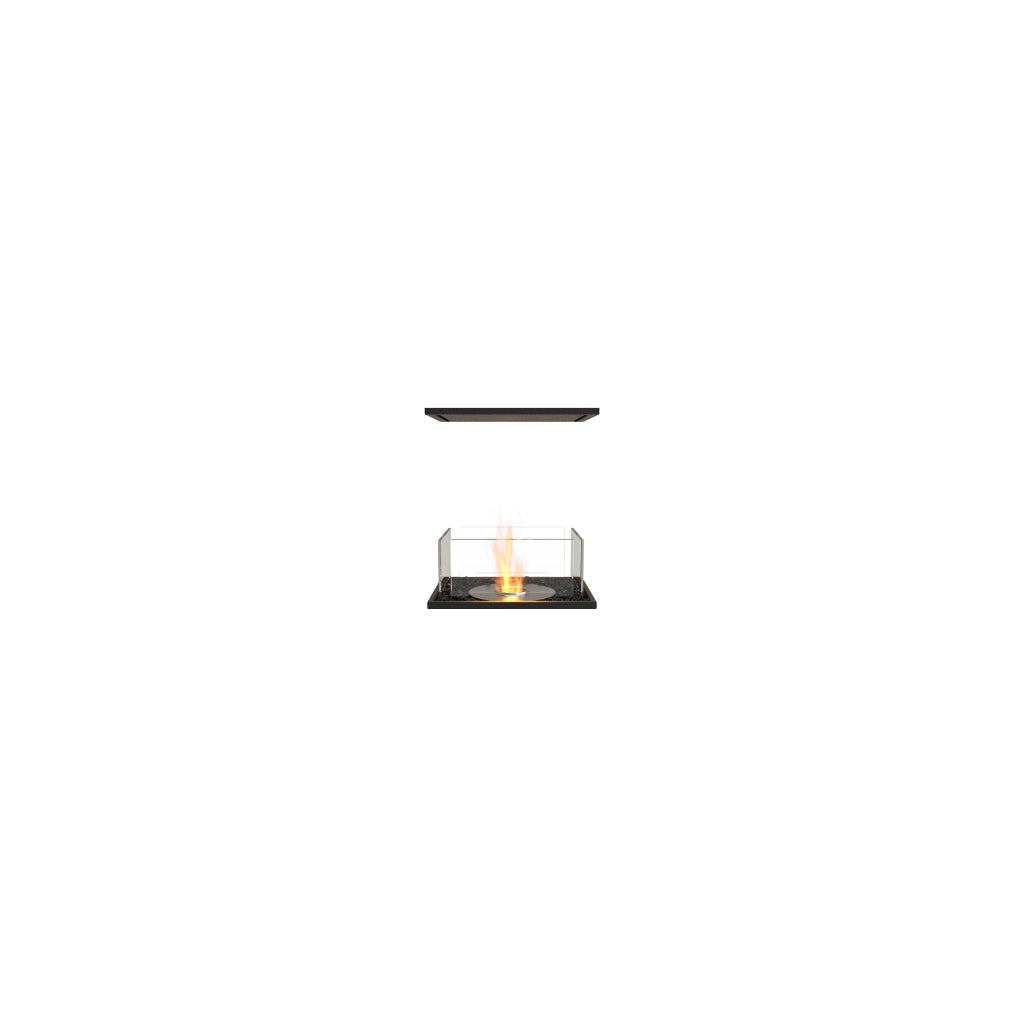 EcoSmart Fire Flex 18 bioethanol fireplace insert with a black frame, glass side panels, and a central orange flame.