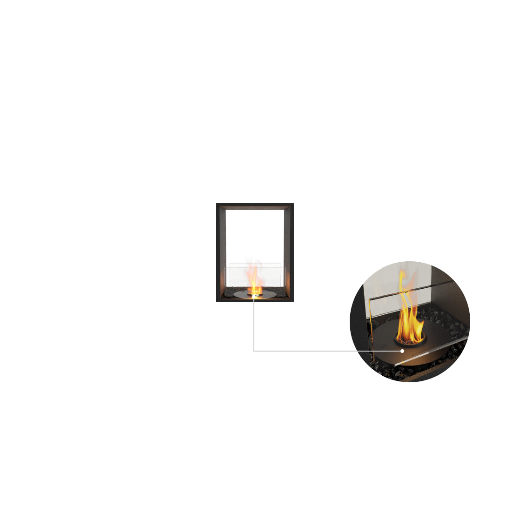 EcoSmart Fire Flex 18 bioethanol fireplace insert with a black frame, glass screen, and a close-up of the burner.