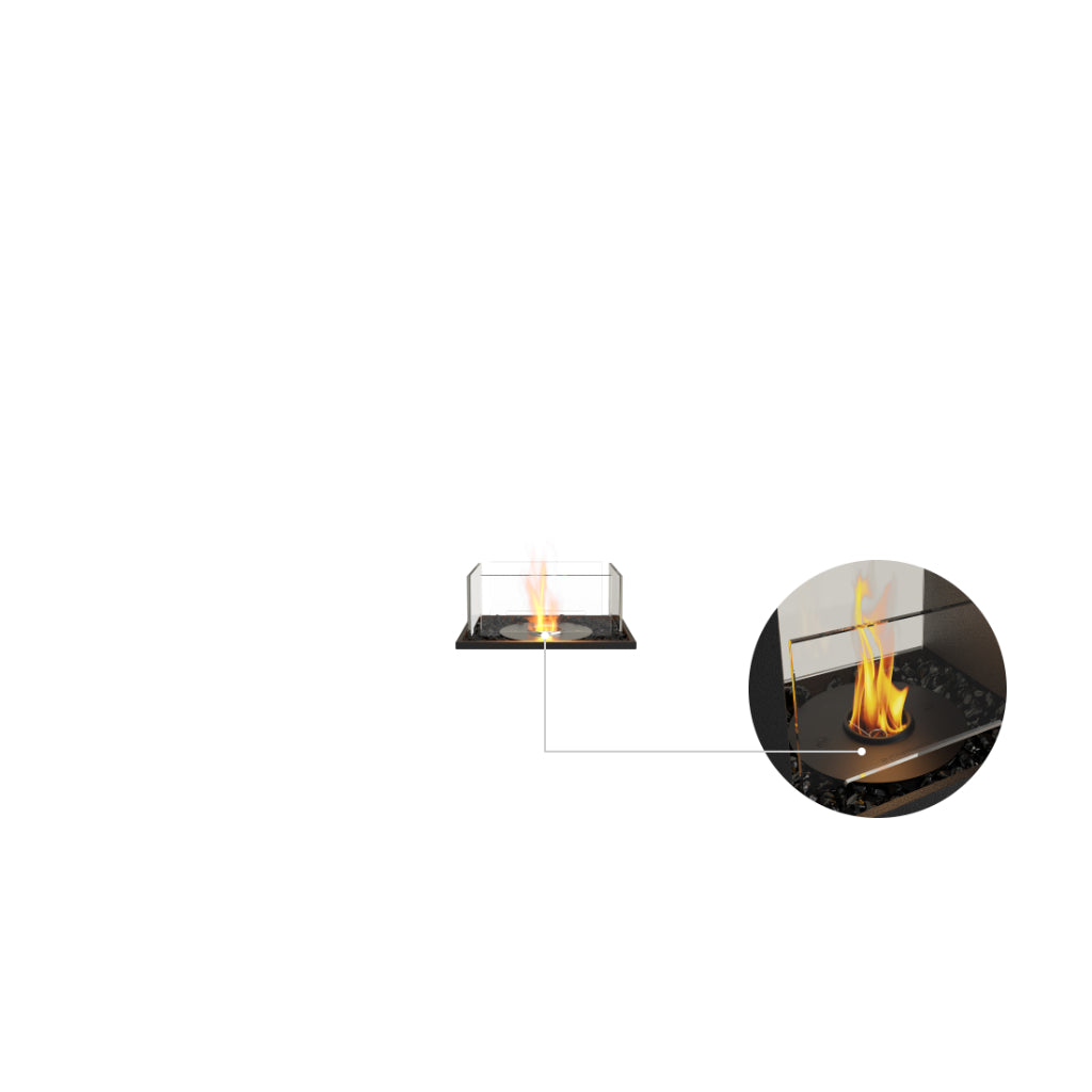 EcoSmart Fire Flex 18 bioethanol fireplace with a glass surround and a circular burner showing a close-up of the flame.