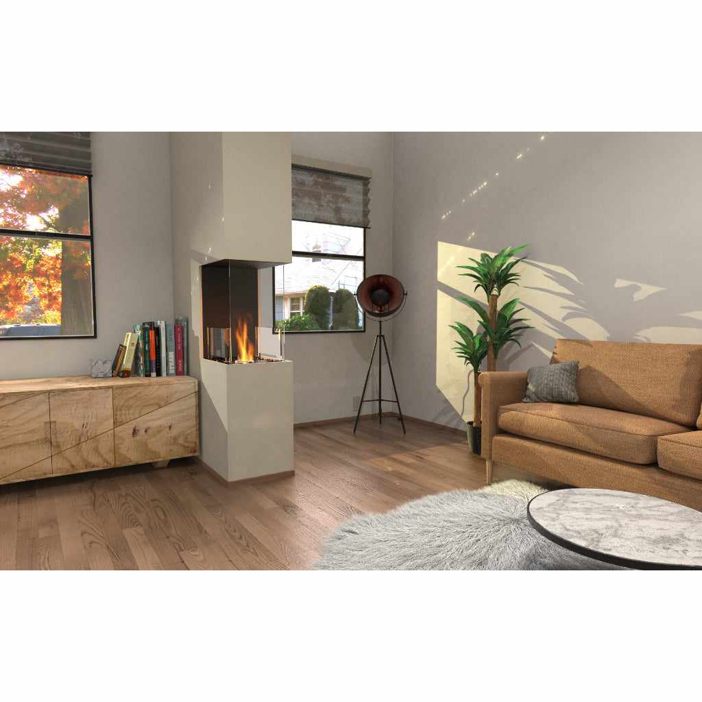 EcoSmart Fire Flex 18 bioethanol fireplace insert with a three-sided glass design in a modern living room setting.