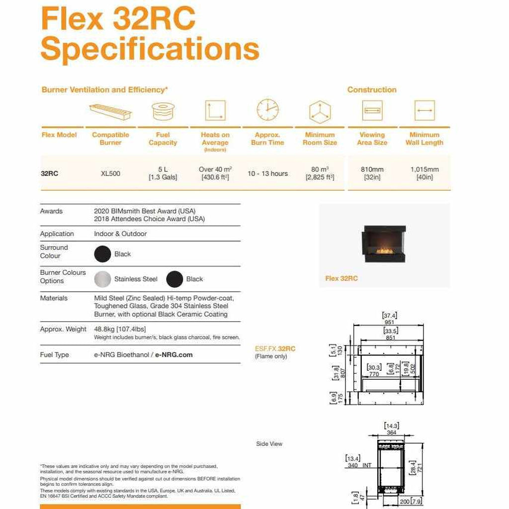 EcoSmart Fire Flex 32 bioethanol fireplace specification sheet with technical diagrams, dimensions, and features.