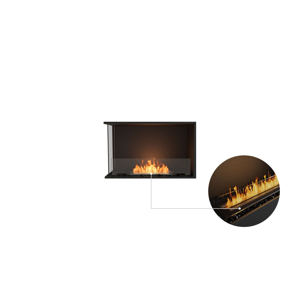 EcoSmart Fire Flex 32 bioethanol fireplace with a black frame, glass screen, and a close-up of the burning flame.