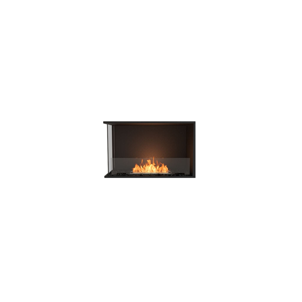 EcoSmart Fire Flex 32 bioethanol fireplace with a black frame, glass side panel, and glowing orange flames.