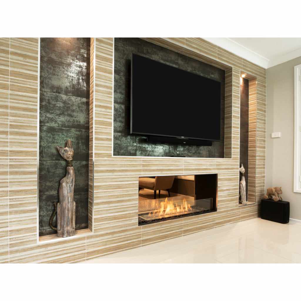EcoSmart Fire Flex 32 bioethanol fireplace insert set in a tiled wall with a mounted television above the flames.
