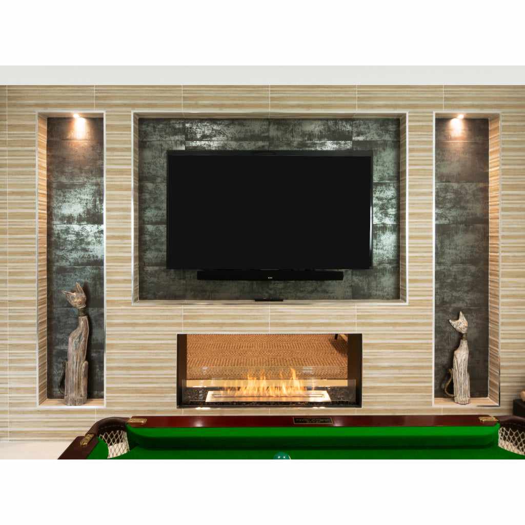 EcoSmart Fire Flex 32 bioethanol fireplace insert set in a tiled wall below a wall-mounted television.