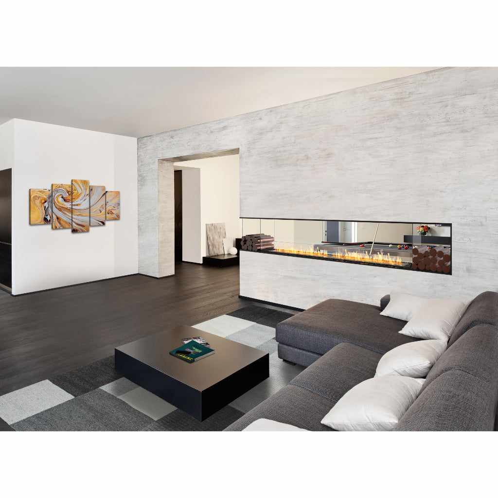 EcoSmart Fire Flex 32 bioethanol fireplace insert with a long, linear flame set into a white textured feature wall.