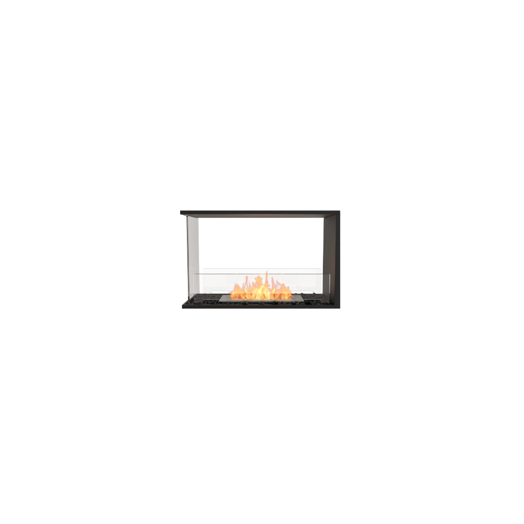 EcoSmart Fire Flex 32 bioethanol fireplace with a black frame, glass side panels, and a central flame on black pebbles.