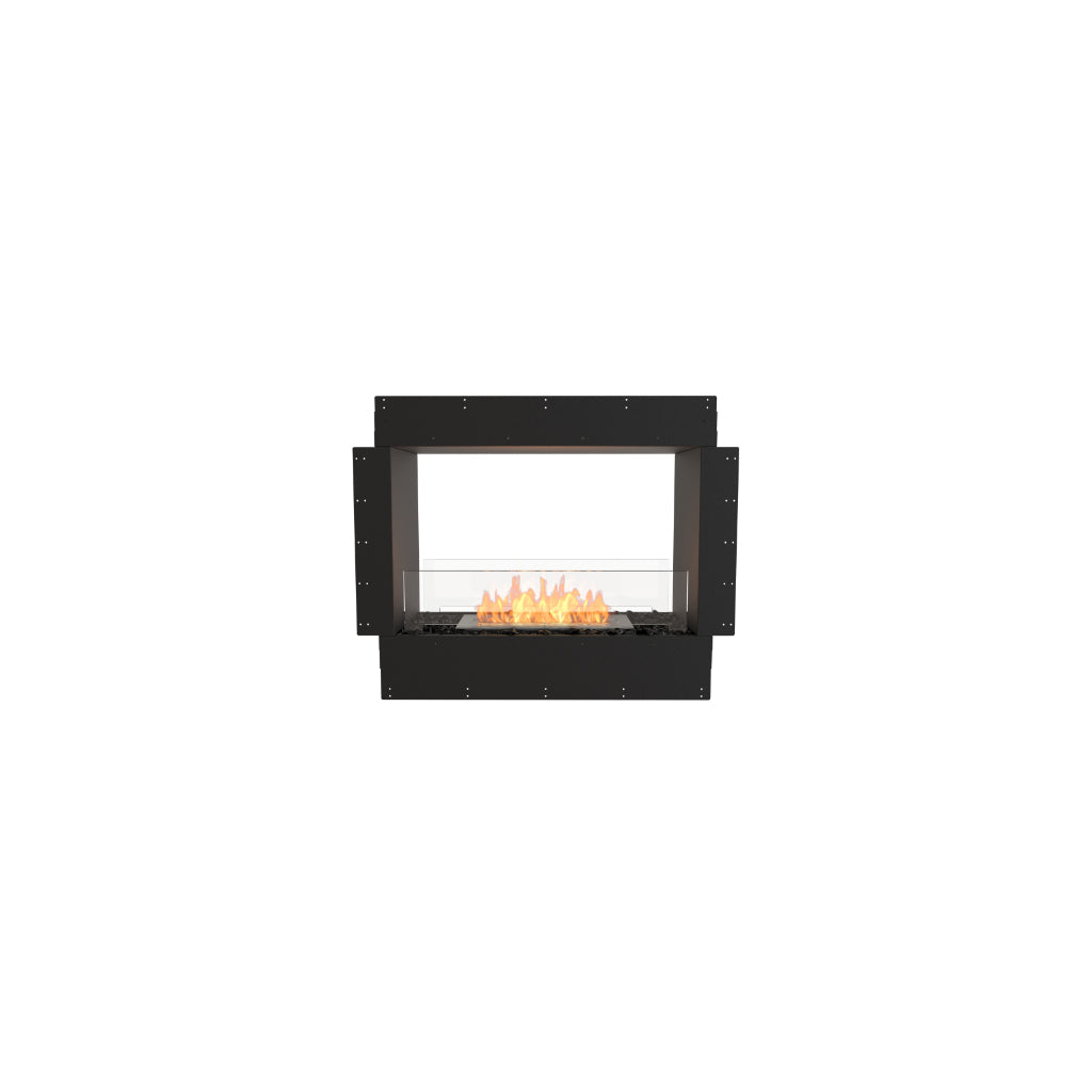 EcoSmart Fire Flex 32 bioethanol fireplace with a black frame, glass screen, and visible orange flames.