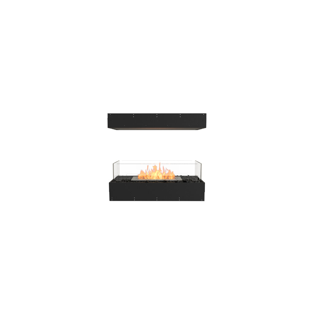 EcoSmart Fire Flex 32 bioethanol fireplace with a black frame, glass screen, and visible flames on a white background.