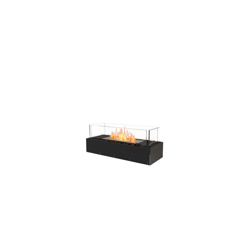EcoSmart Fire Flex 32 bioethanol fireplace with a black metal base, glass screen, and flickering orange flames.