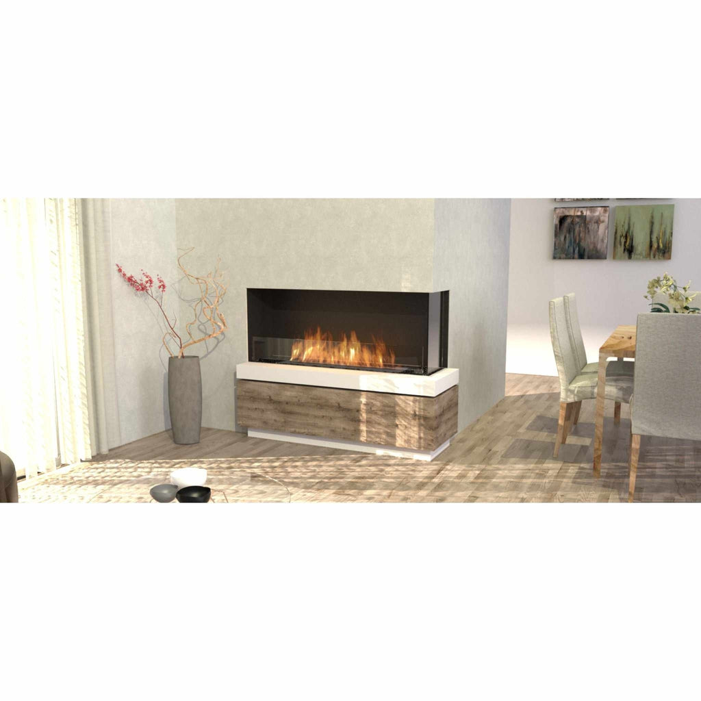 EcoSmart Fire Flex 42 bioethanol fireplace with a black glass corner design and a wood-effect base in a modern room.