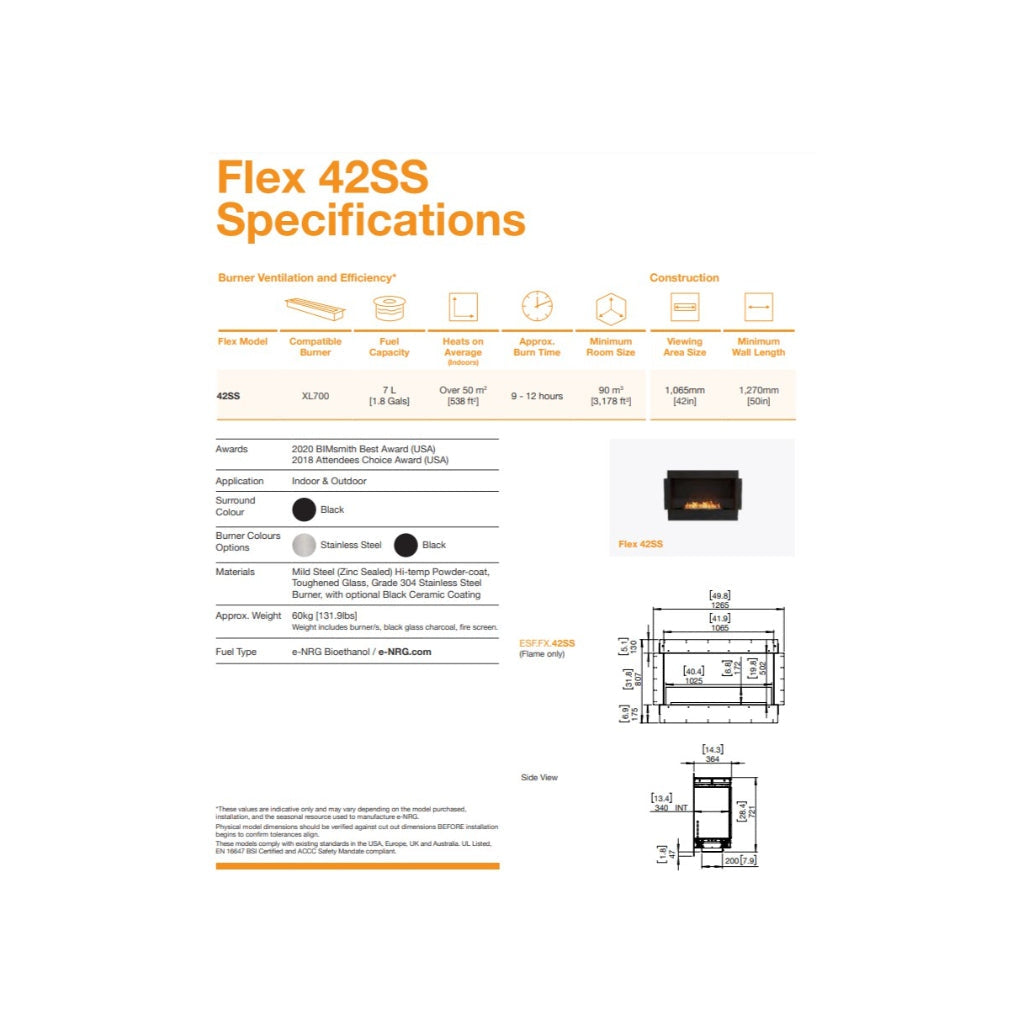 EcoSmart Fire Flex 42 bioethanol fireplace specification sheet with technical diagrams, dimensions, and burner details.