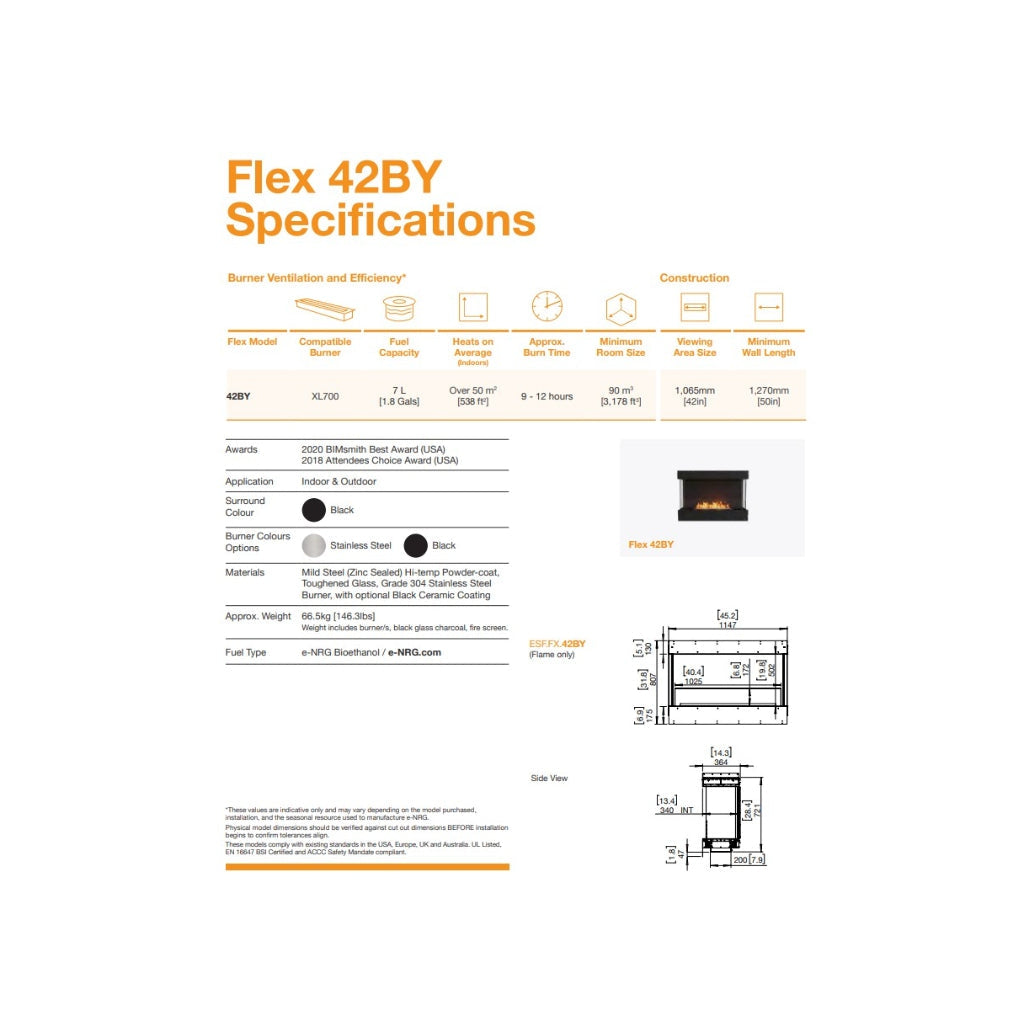 EcoSmart Fire Flex 42 bioethanol fireplace specification sheet with technical diagrams, dimensions, and burner details.