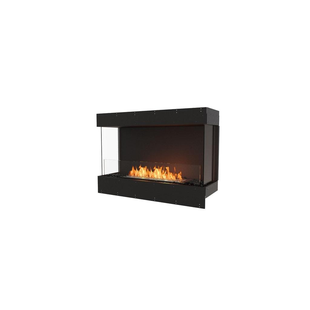 EcoSmart Fire Flex 42 bioethanol fireplace with a black frame, glass side panels, and a central dancing flame.