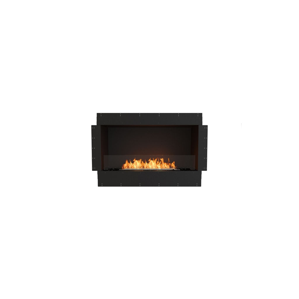 EcoSmart Fire Flex 42 bioethanol fireplace insert with a black metal frame and a glass screen showing orange flames.