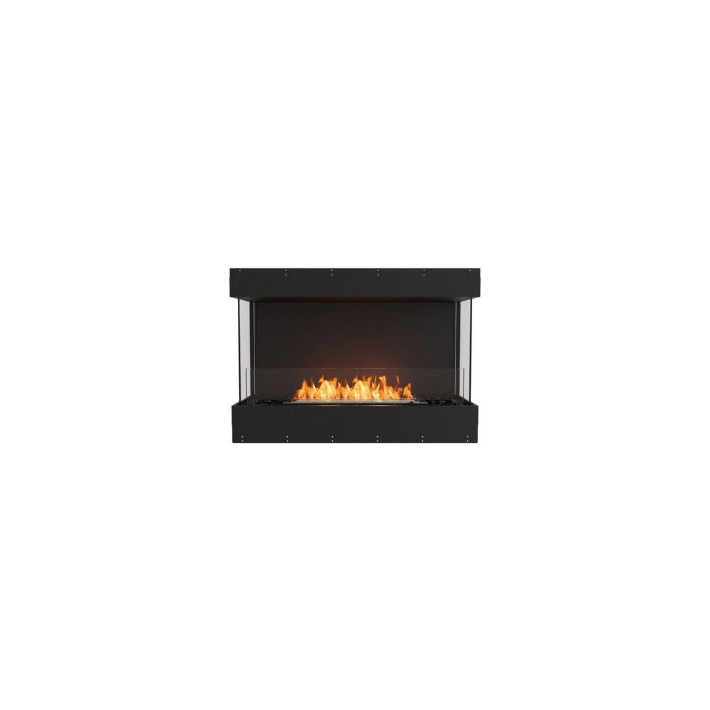 EcoSmart Fire Flex 42 bioethanol fireplace with a black frame, glass side panels, and a central orange flame.