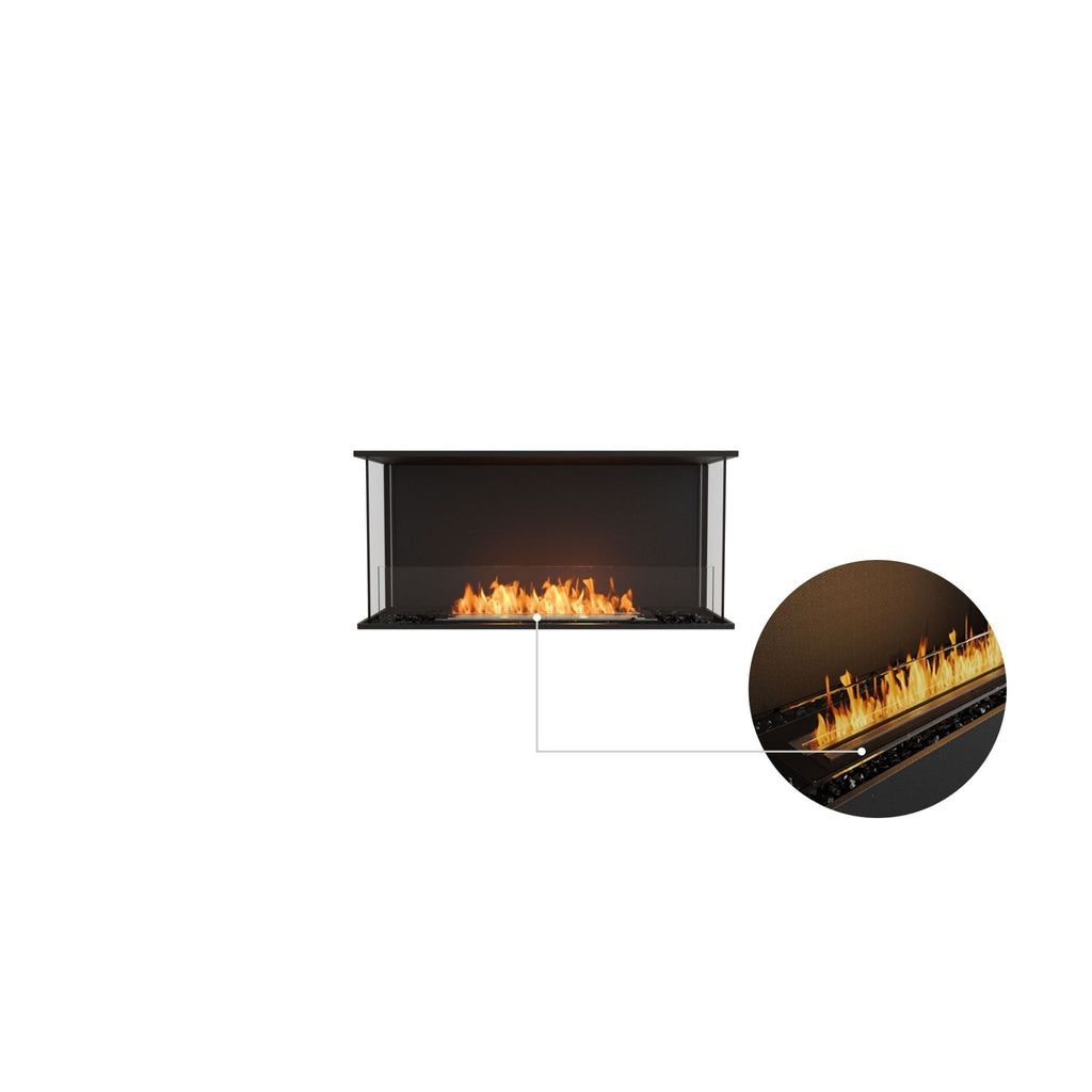 EcoSmart Fire Flex 42 bioethanol fireplace with a black frame, glass sides, and a close-up of the burner flame.
