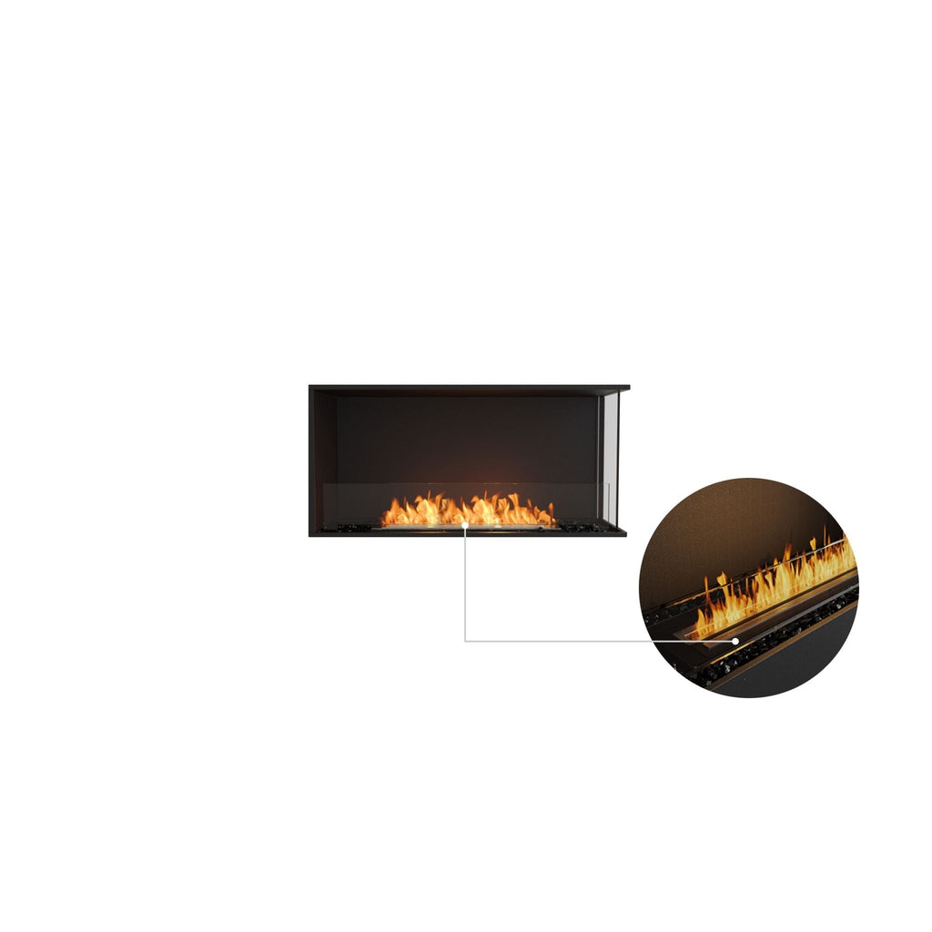 EcoSmart Fire Flex 42 bioethanol fireplace with a black frame, glass screen, and a close-up of the burning flame.