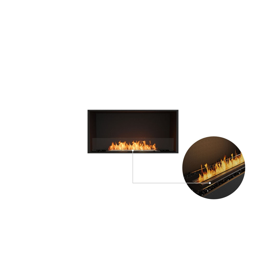 EcoSmart Fire Flex 42 bioethanol fireplace with a black frame, glass screen, and a close-up of the burner flame.