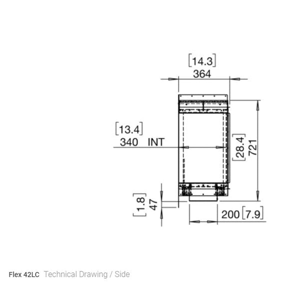 Technical side-view line drawing of the EcoSmart Fire Flex 42 fireplace insert with metric and imperial dimensions.