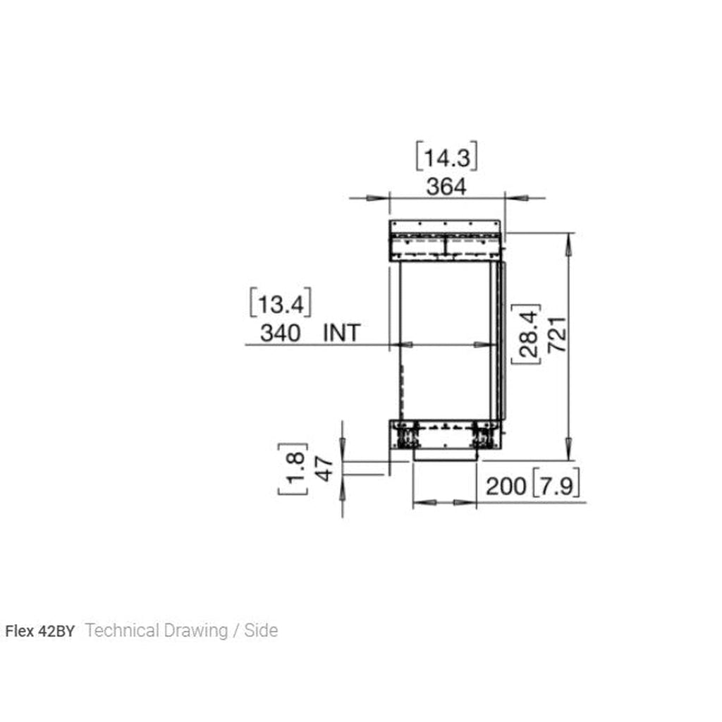 Side profile technical line drawing of the EcoSmart Fire Flex 42 showing dimensions in millimetres and inches.