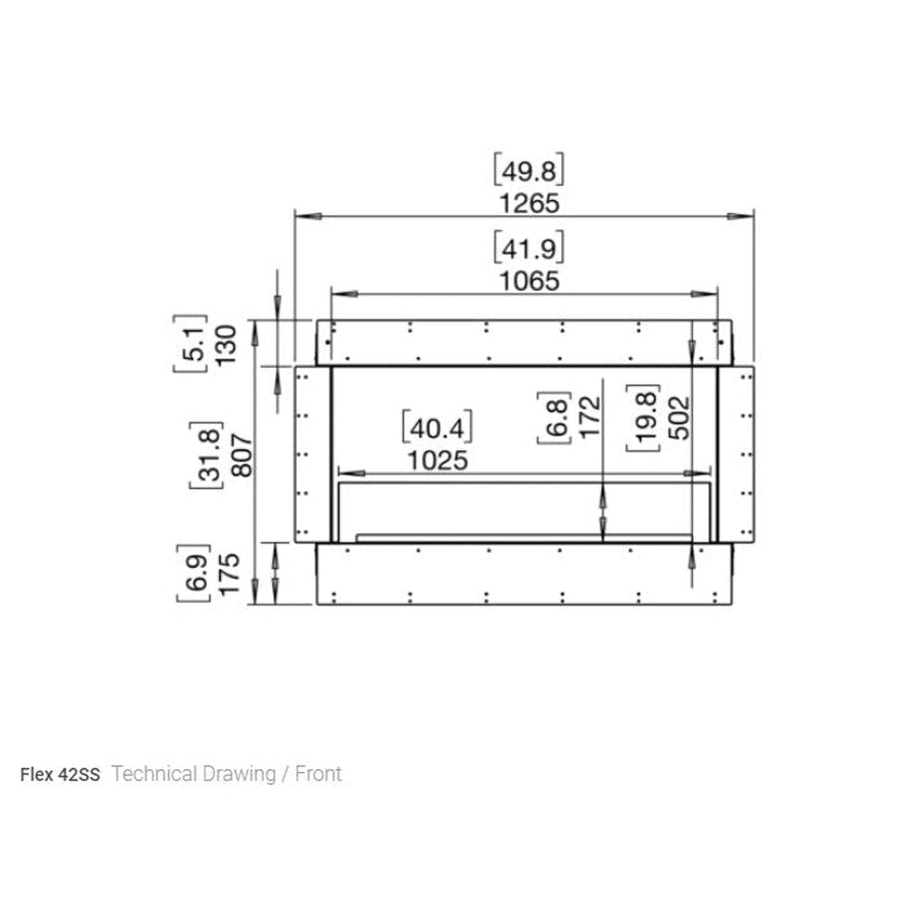 Front-facing technical line drawing of the EcoSmart Fire Flex 42 fireplace insert with dimensions in mm and inches.