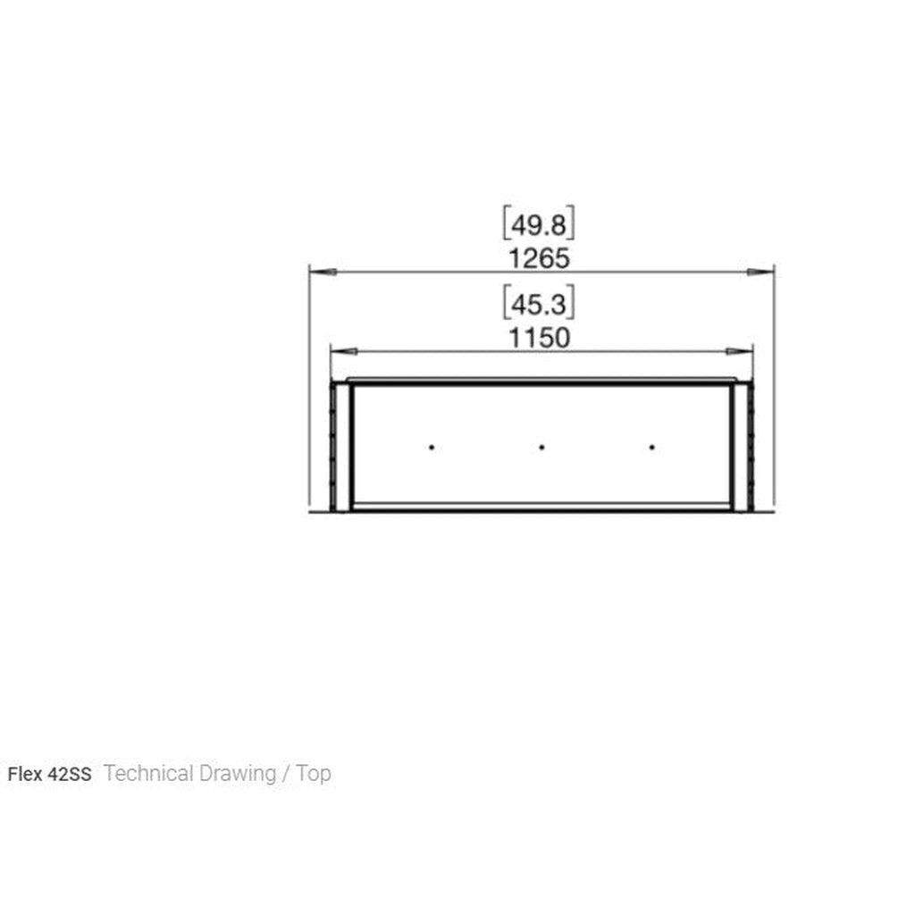 Technical top-down line drawing of the EcoSmart Fire Flex 42 showing dimensions in millimetres and inches.