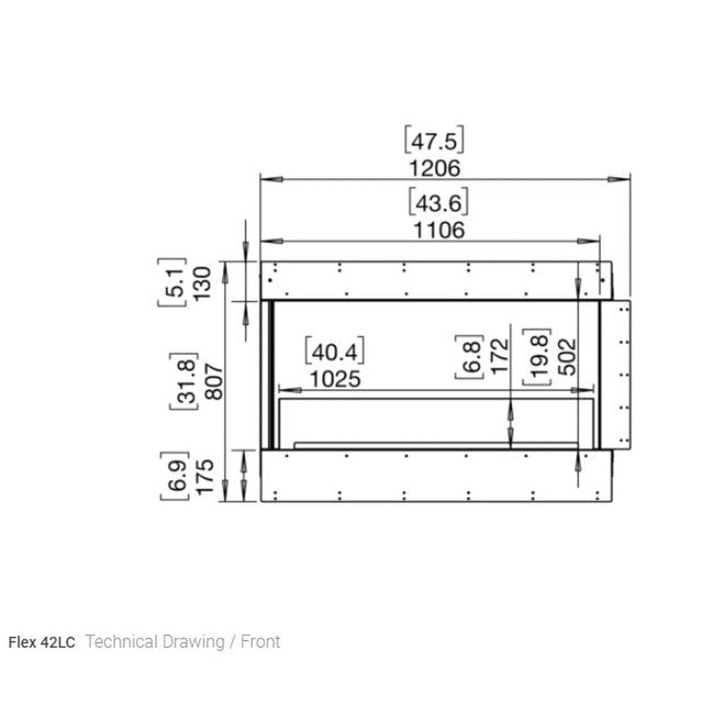 Technical front-view line drawing of the EcoSmart Fire Flex 42 fireplace with detailed metric and imperial dimensions.