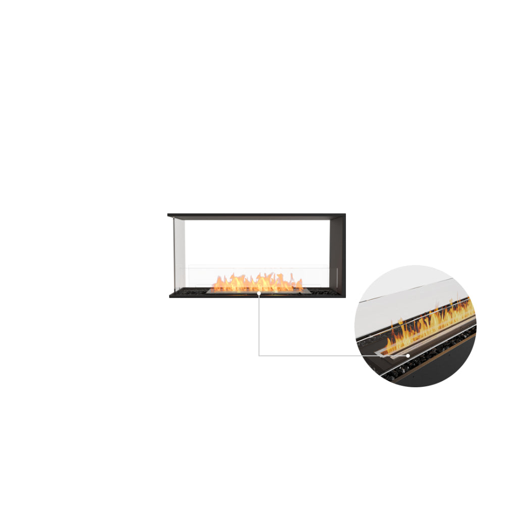 EcoSmart Fire Flex 42 bioethanol fireplace with a black frame, glass screen, and a close-up of the burner flame.