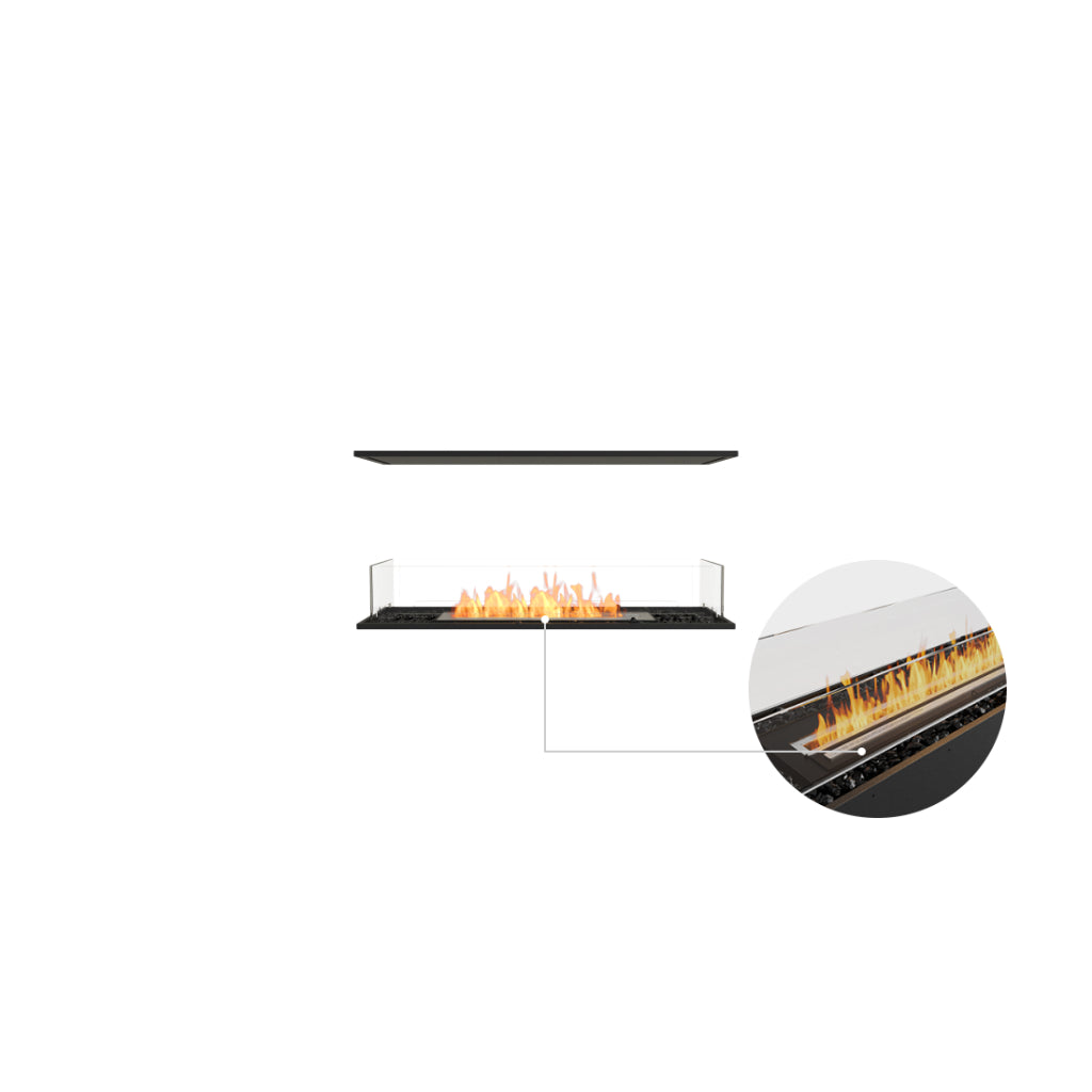 EcoSmart Fire Flex 42 bioethanol fireplace with a black base, glass sides, and a zoomed-in view of the burner flame.