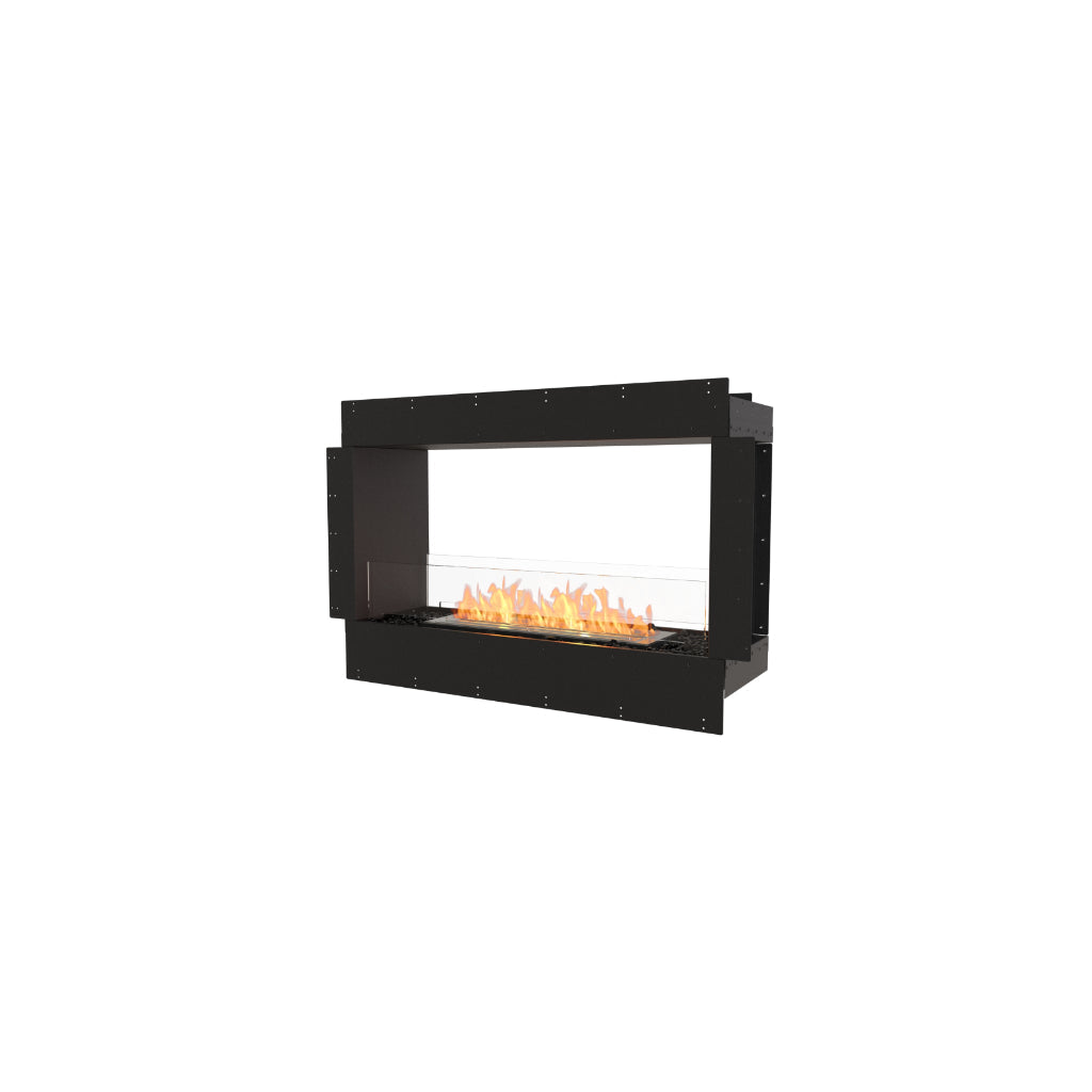 EcoSmart Fire Flex 42 bioethanol fireplace with a black rectangular frame, glass screen, and visible orange flames.